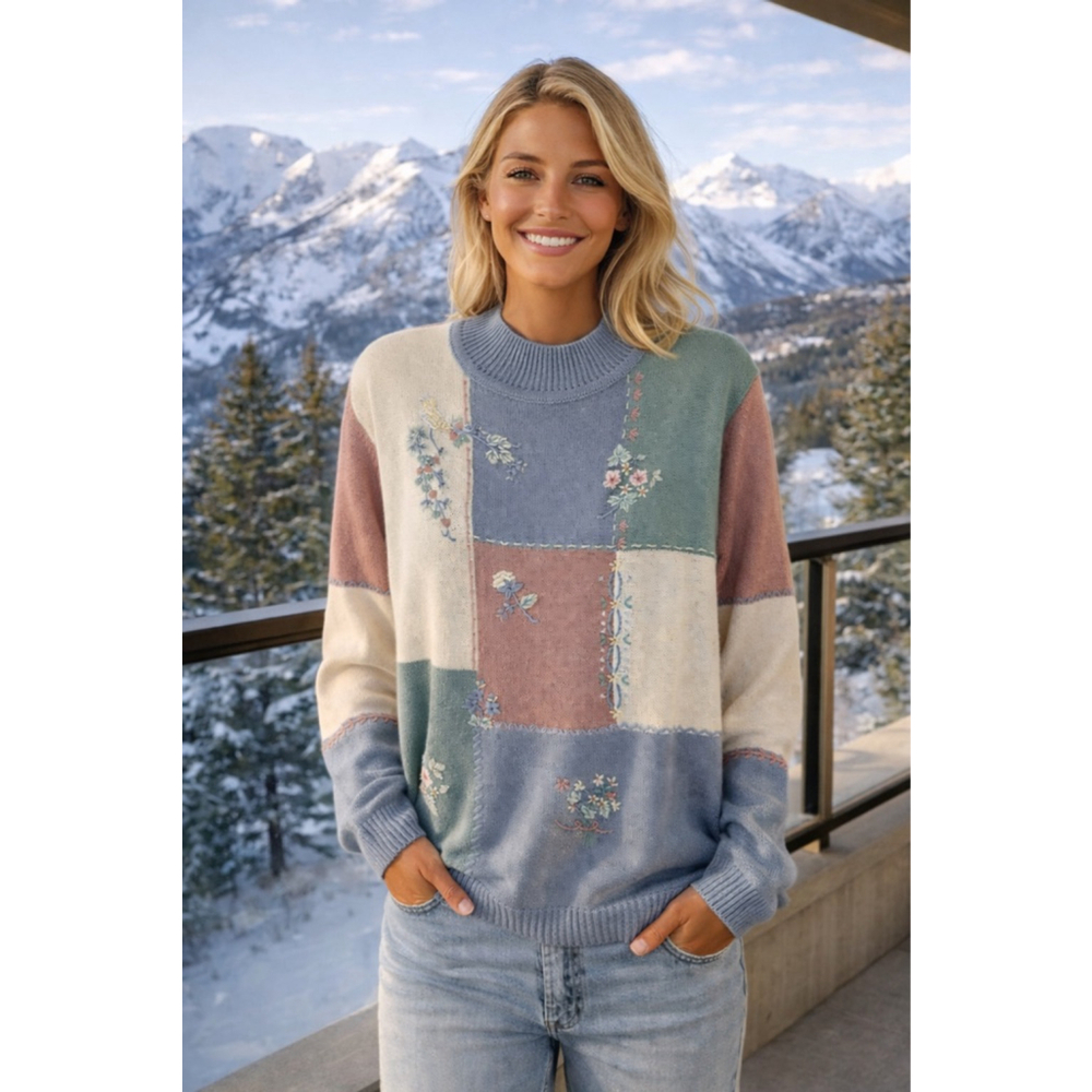 Alfred Dunner Pastel Patchwork Floral Embroidered Cottagecore Sweater XL Luxury